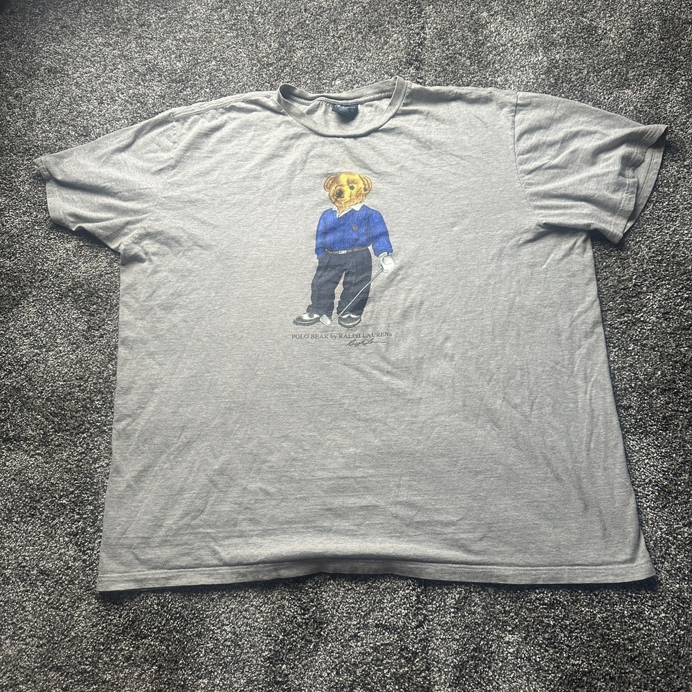 Vintage Polo Ralph Lauren Shirt Mens L Gray Polo Bear Golf Graphic Made‎ USA 90s